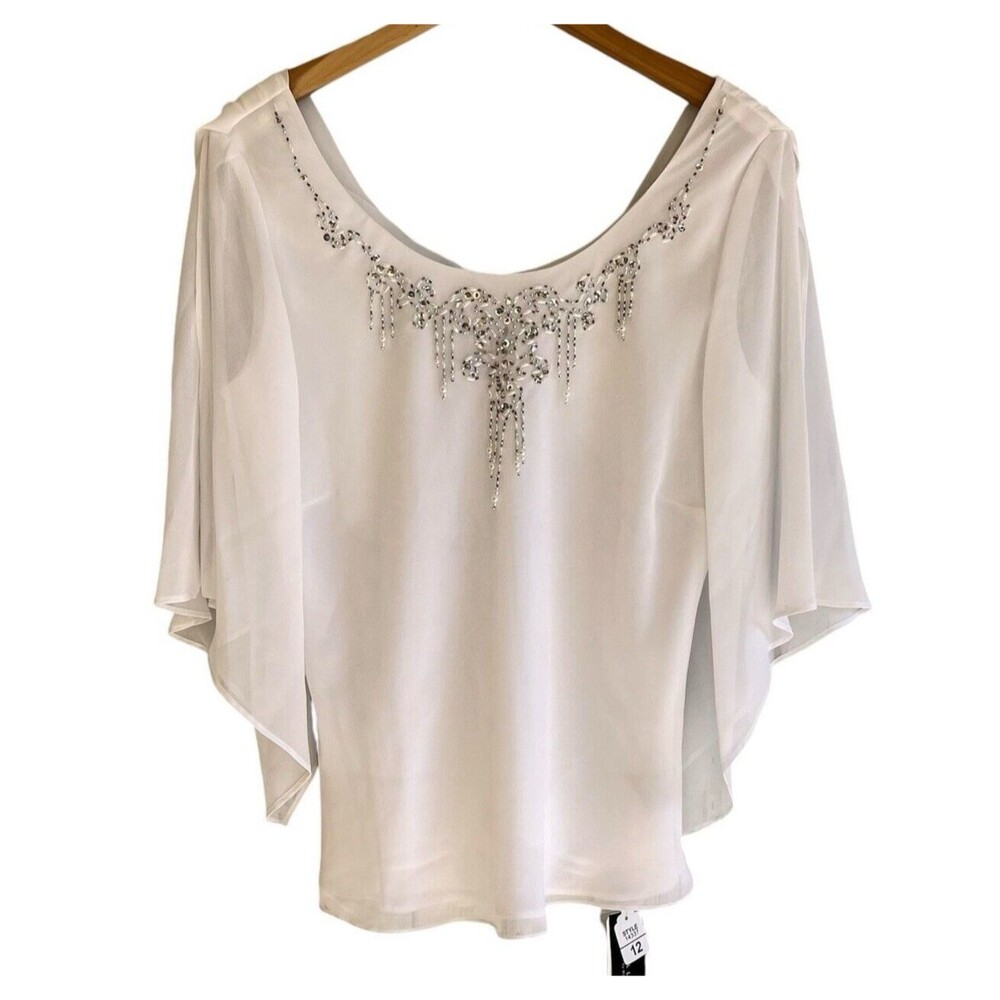 KM Collections Womens Dainty Beaded Chiffon Blouse Size 12 Balletcore Angelcore